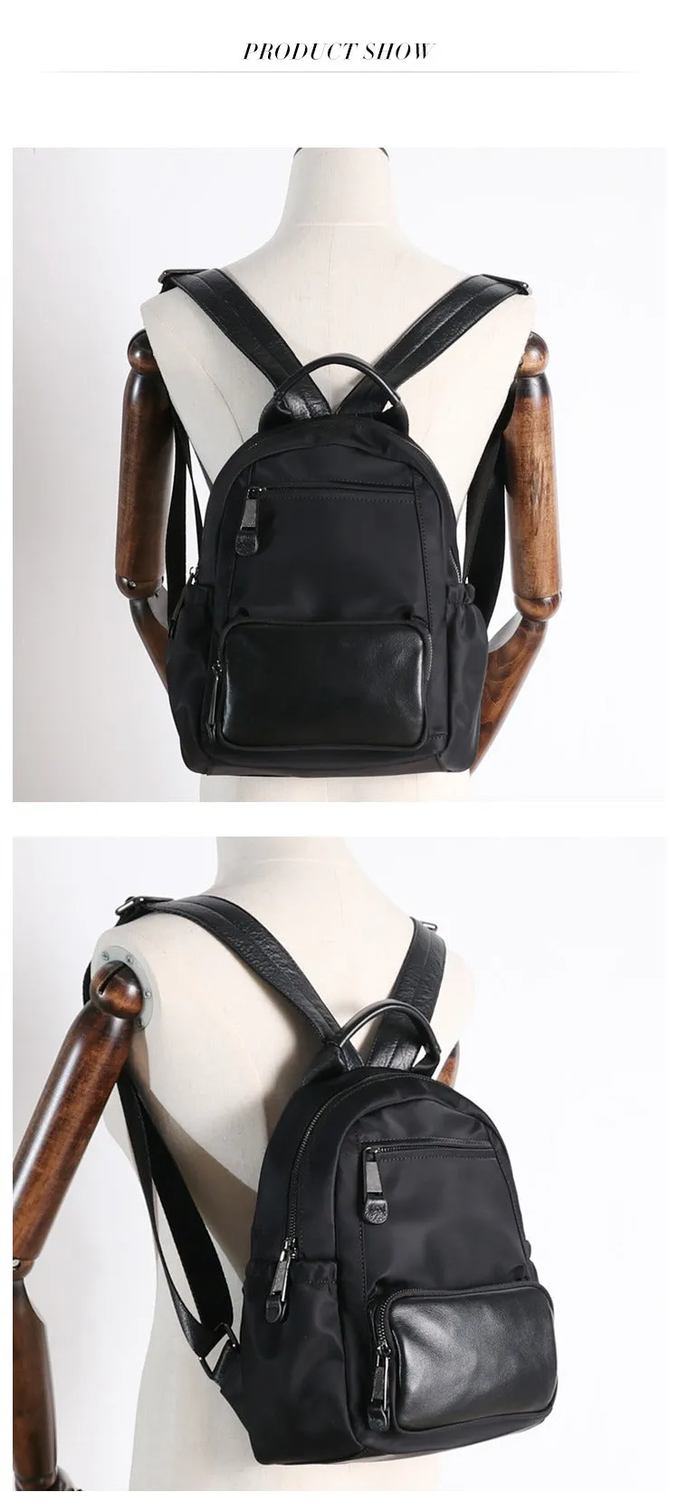 Nylon Backpacks Womens School Backpack Purse Black Nylon Leather Travel Rucksack for Ladies