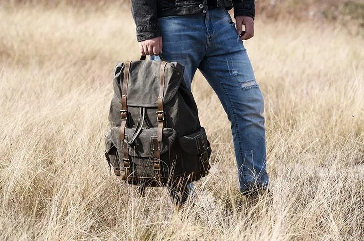 Oil Wax Canvas Mens Cool Backpack Large Canvas Travel Backpack Hiking Backpack for Men