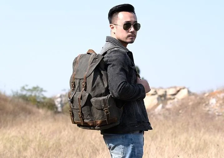 Oil Wax Canvas Mens Cool Backpack Large Canvas Travel Backpack Hiking Backpack for Men