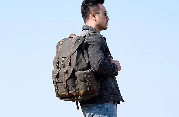 Oil Wax Canvas Mens Cool Backpack Large Canvas Travel Backpack Hiking Backpack for Men