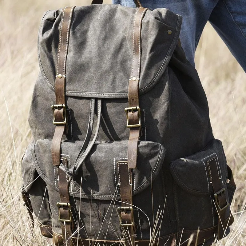 Oil Wax Canvas Mens Cool Backpack Large Canvas Travel Backpack Hiking Backpack for Men