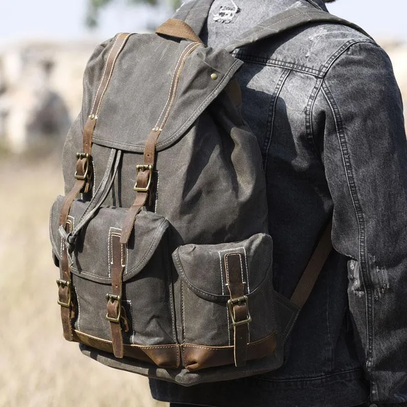 Oil Wax Canvas Mens Cool Backpack Large Canvas Travel Backpack Hiking Backpack for Men