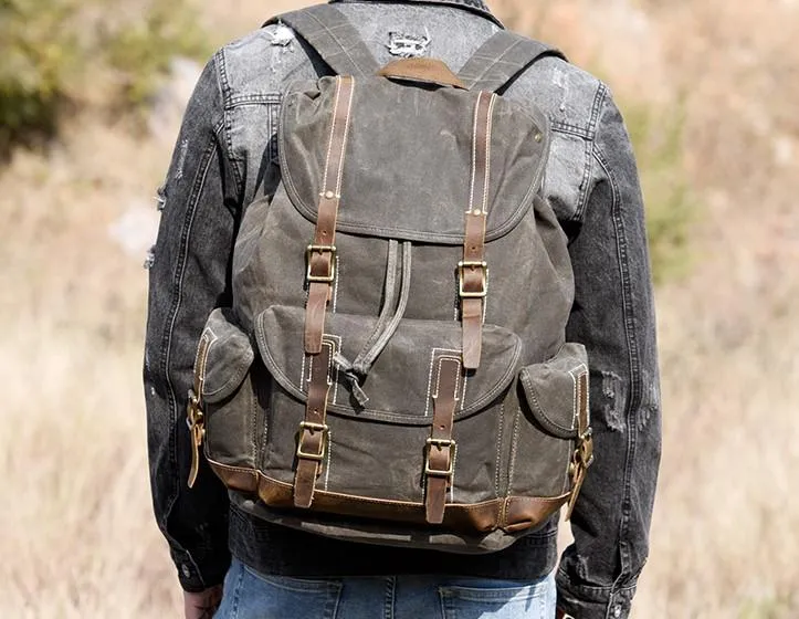 Oil Wax Canvas Mens Cool Backpack Large Canvas Travel Backpack Hiking Backpack for Men