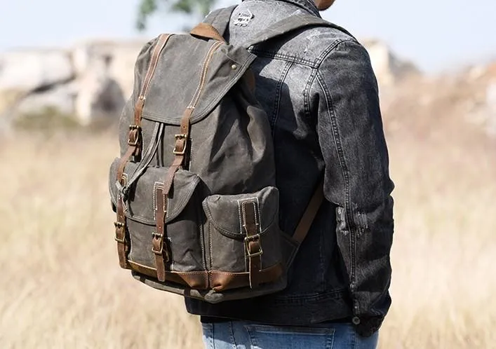 Oil Wax Canvas Mens Cool Backpack Large Canvas Travel Backpack Hiking Backpack for Men