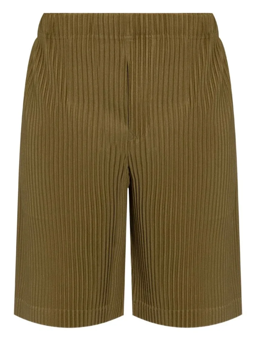 Olive Green Pleated Shorts With Textured Ribbing