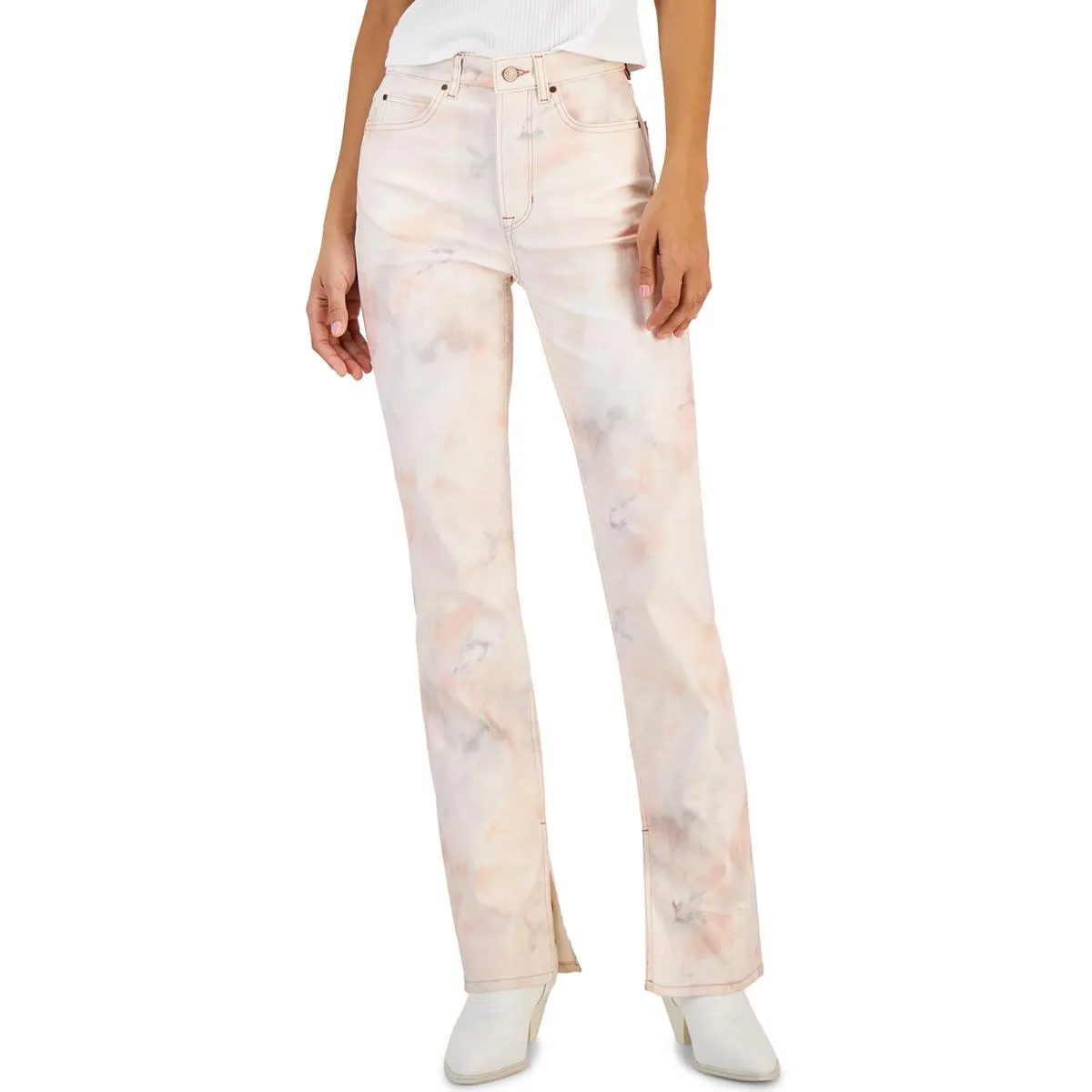 Pauline Womens Tie Dye Split Hem Straight Leg Jeans