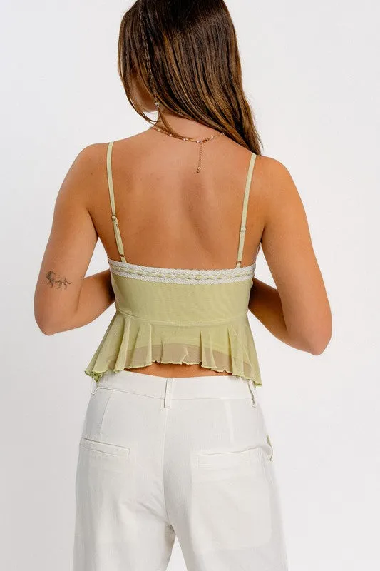 Pistachio Lace Trimmed Mesh Top - Small