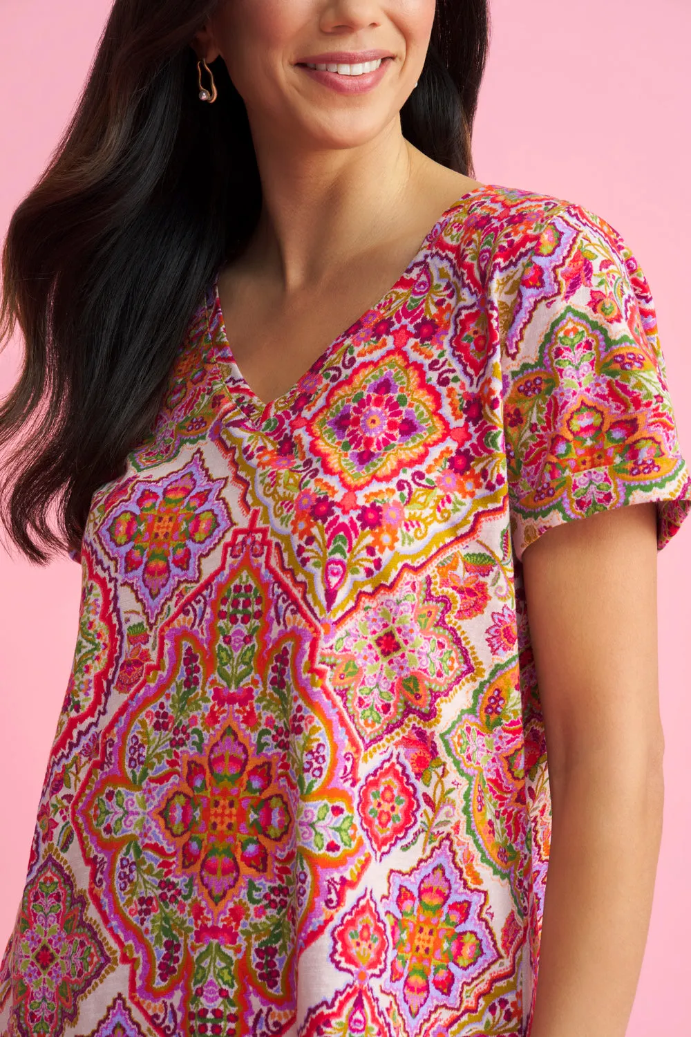 Print V-Neck T-Shirt - Pink Tile Print