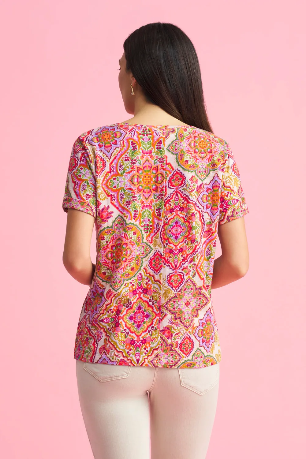Print V-Neck T-Shirt - Pink Tile Print