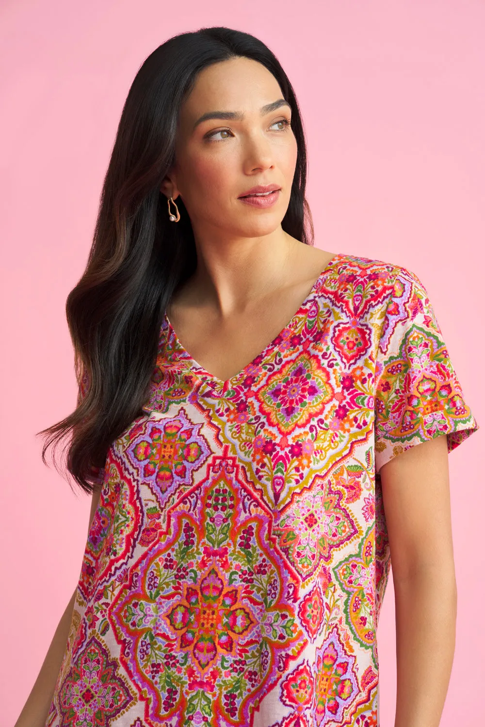 Print V-Neck T-Shirt - Pink Tile Print