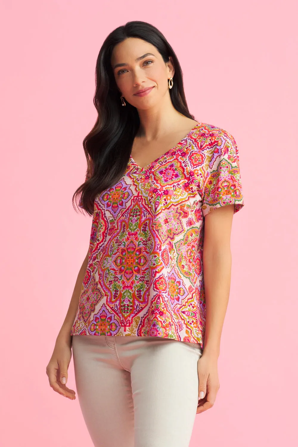 Print V-Neck T-Shirt - Pink Tile Print