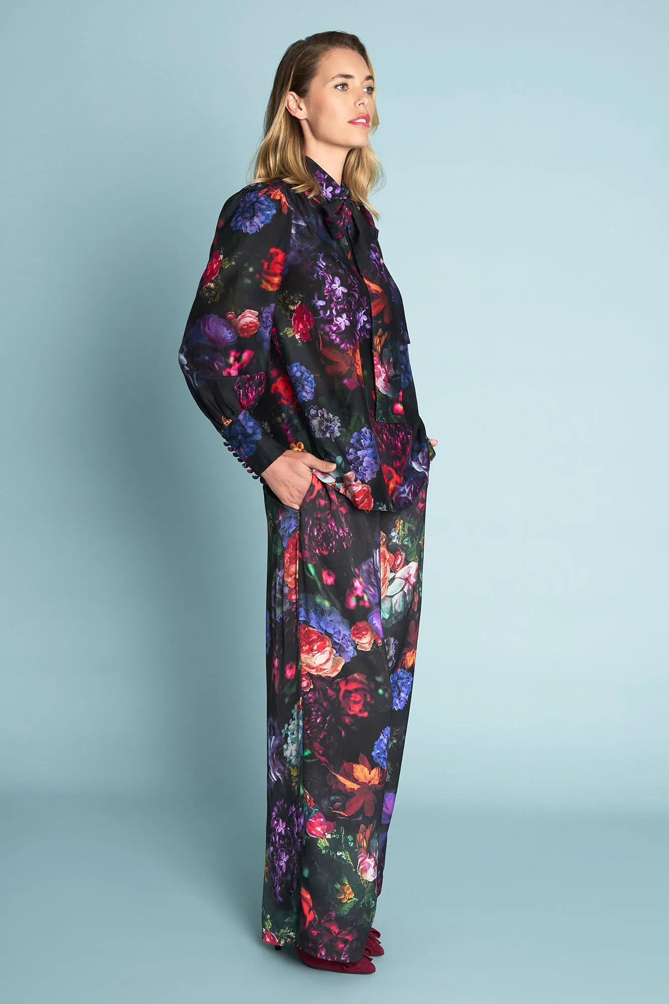Printed Cotton Silk Blouse - Dark Floral Print