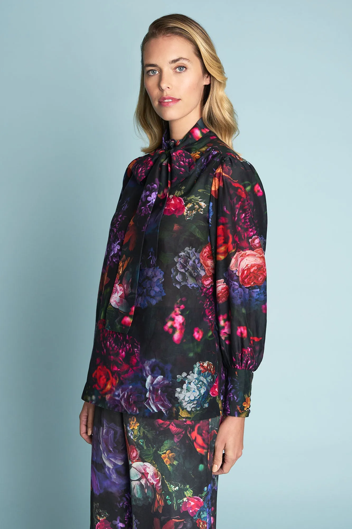 Printed Cotton Silk Blouse - Dark Floral Print