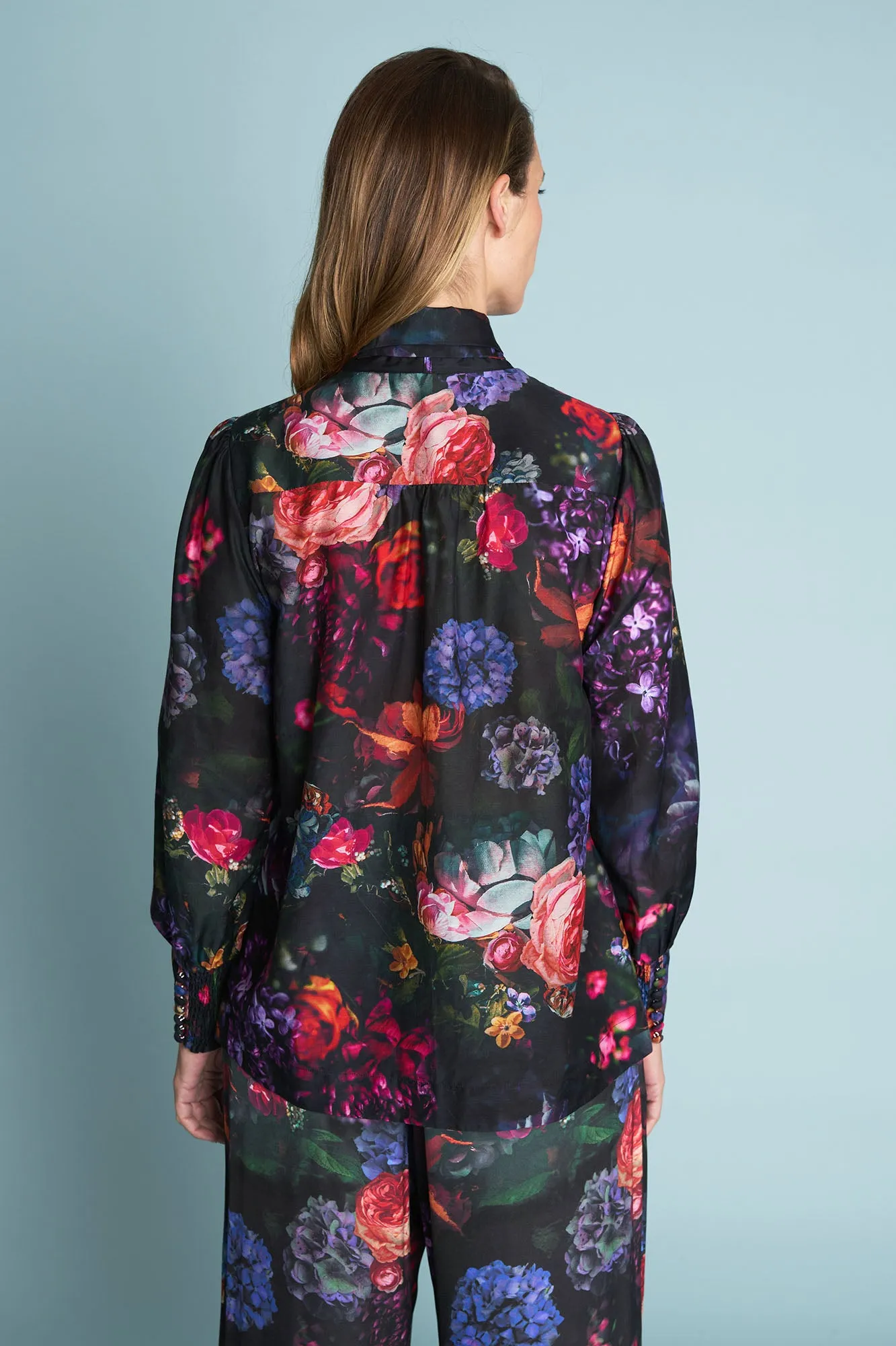 Printed Cotton Silk Blouse - Dark Floral Print