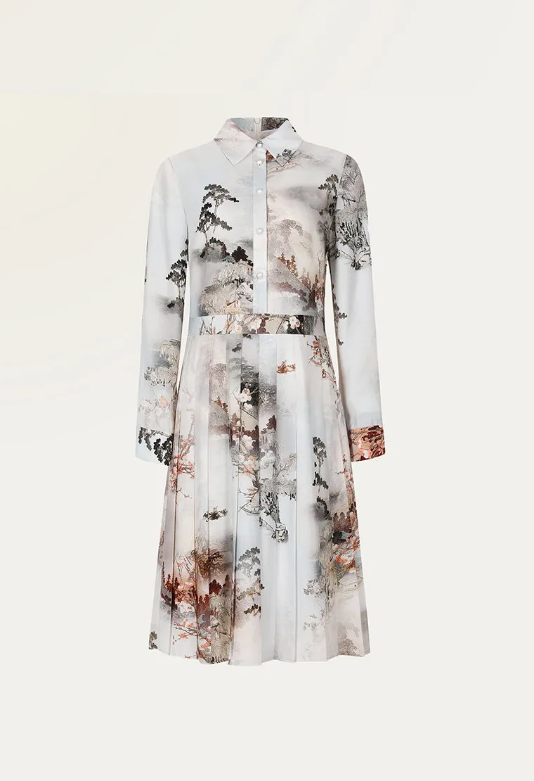 Printed pattern satin tiered dress with shirt collar