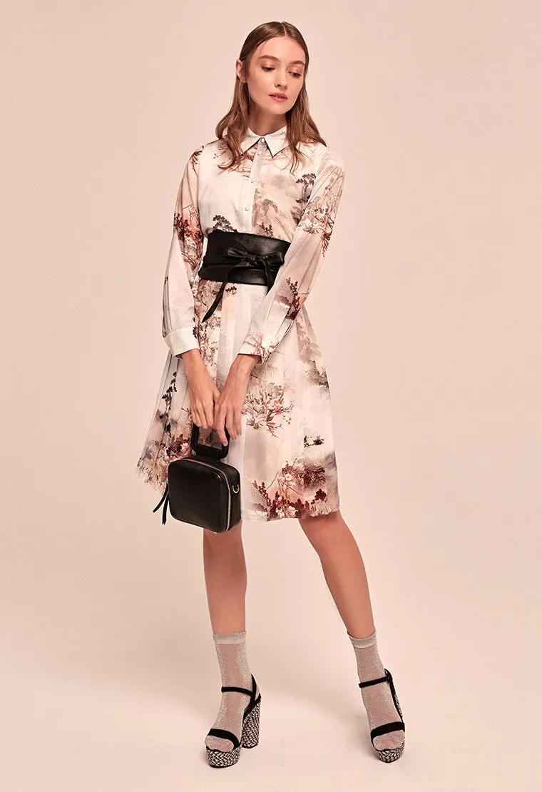 Printed pattern satin tiered dress with shirt collar