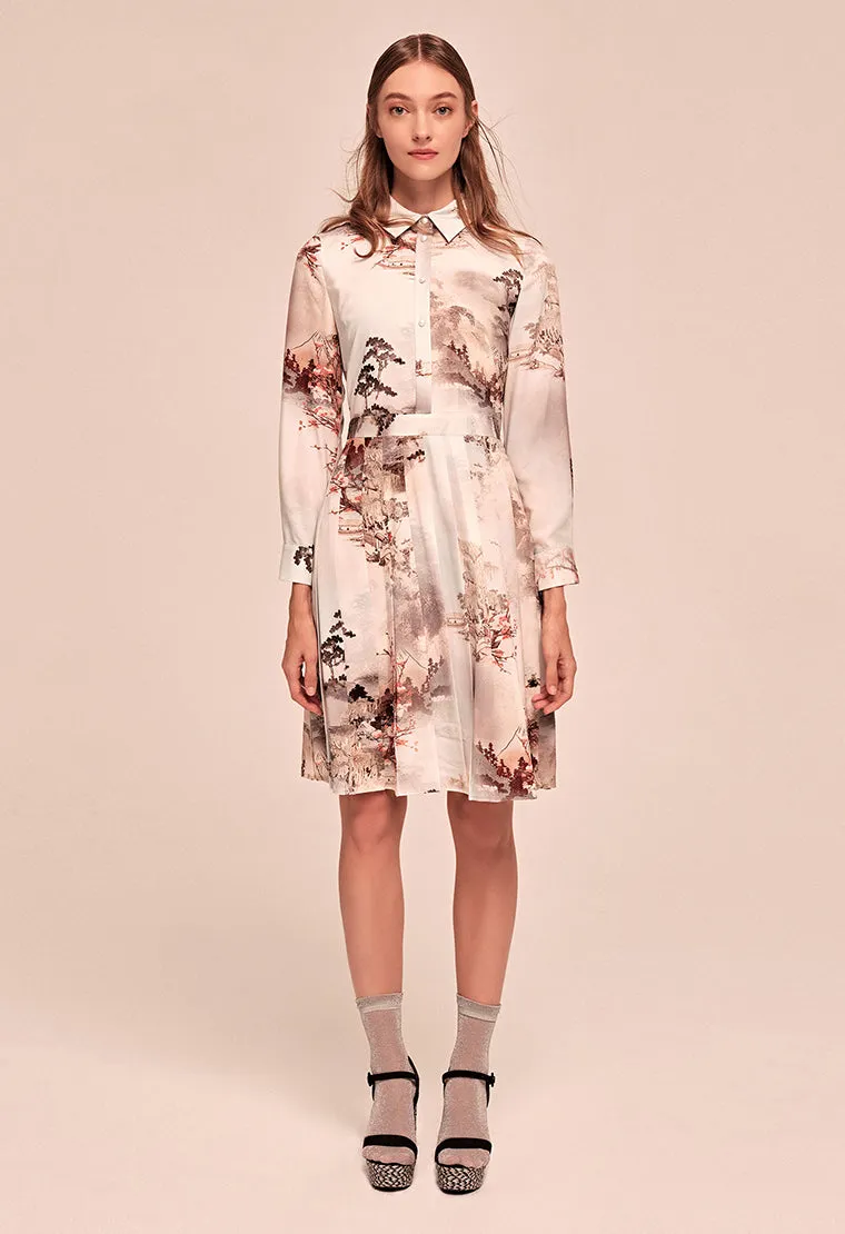 Printed pattern satin tiered dress with shirt collar