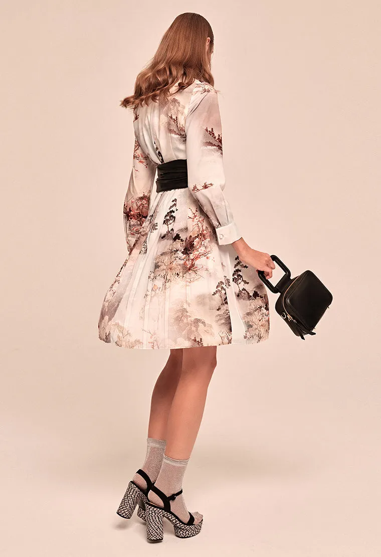 Printed pattern satin tiered dress with shirt collar