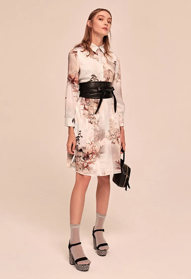 Printed pattern satin tiered dress with shirt collar