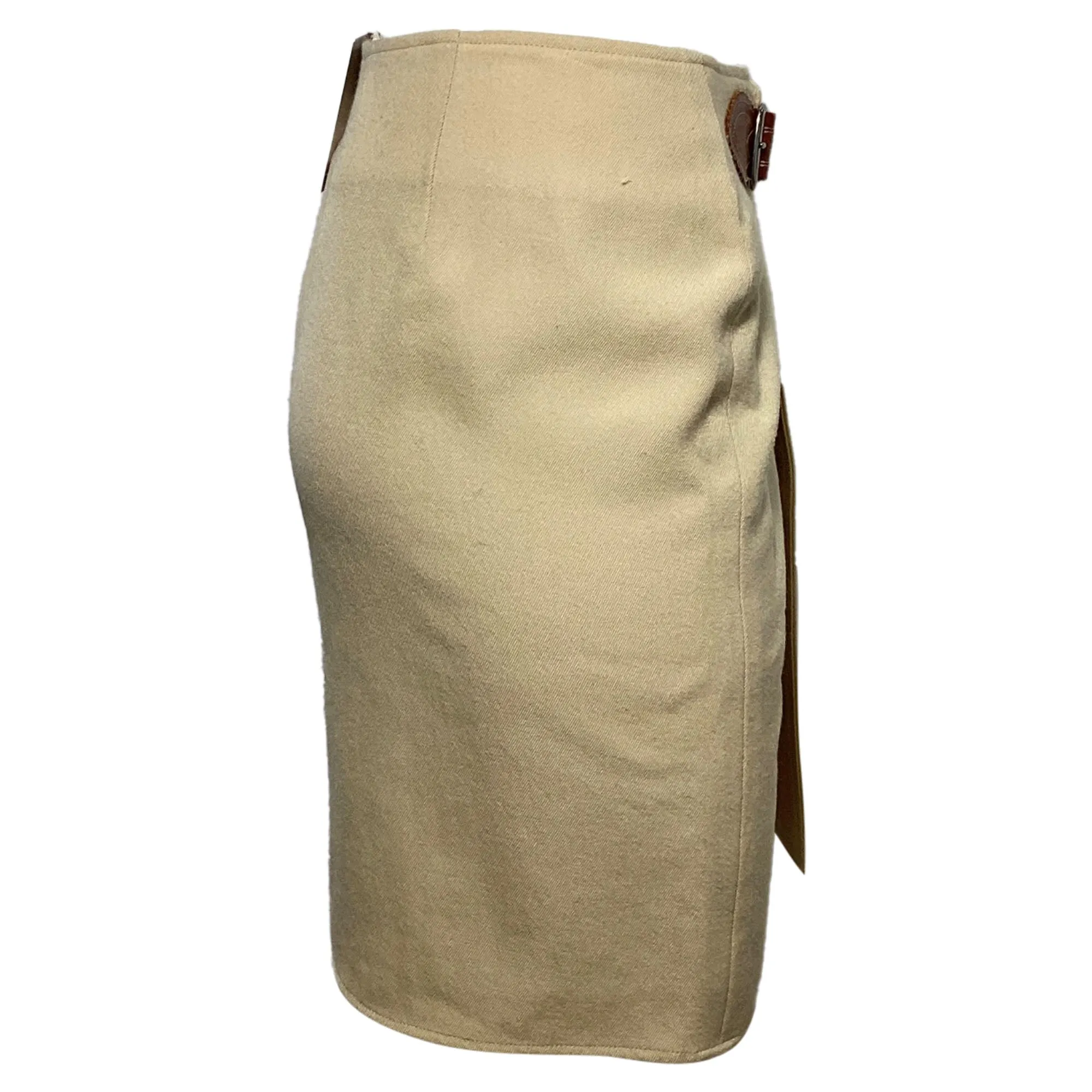 Ralph Lauren Buckle Wrap Detail Mini Pencil Skirt in Beige Wool