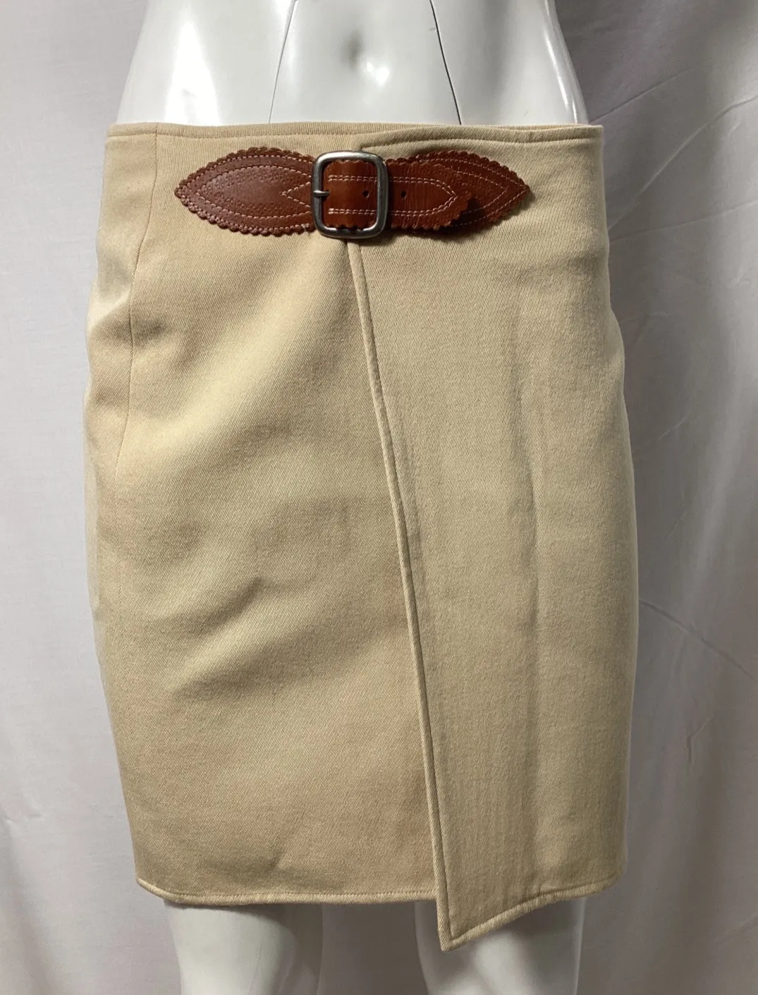 Ralph Lauren Buckle Wrap Detail Mini Pencil Skirt in Beige Wool