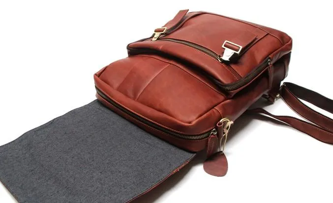 Red Brown Leather Mens Backpack Travel Backpacks Laptop Backpack for men