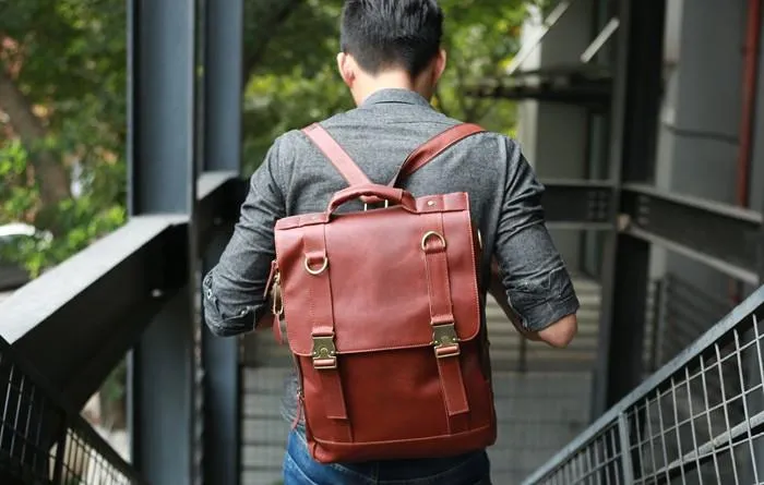Red Brown Leather Mens Backpack Travel Backpacks Laptop Backpack for men