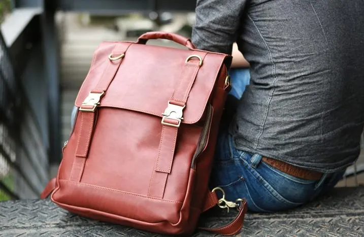 Red Brown Leather Mens Backpack Travel Backpacks Laptop Backpack for men