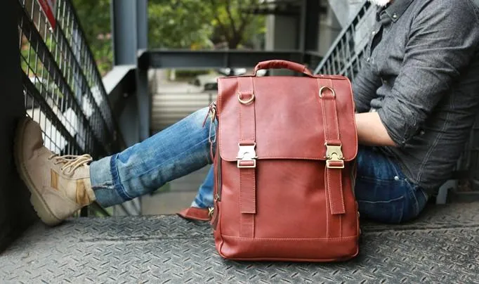 Red Brown Leather Mens Backpack Travel Backpacks Laptop Backpack for men