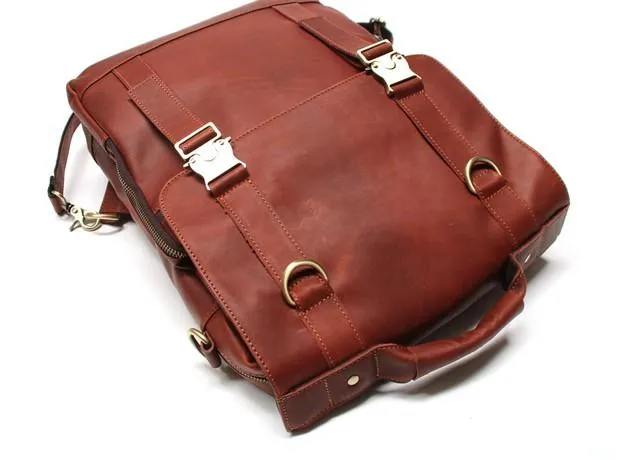 Red Brown Leather Mens Backpack Travel Backpacks Laptop Backpack for men