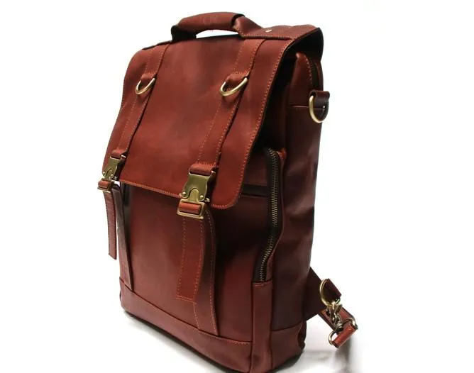 Red Brown Leather Mens Backpack Travel Backpacks Laptop Backpack for men