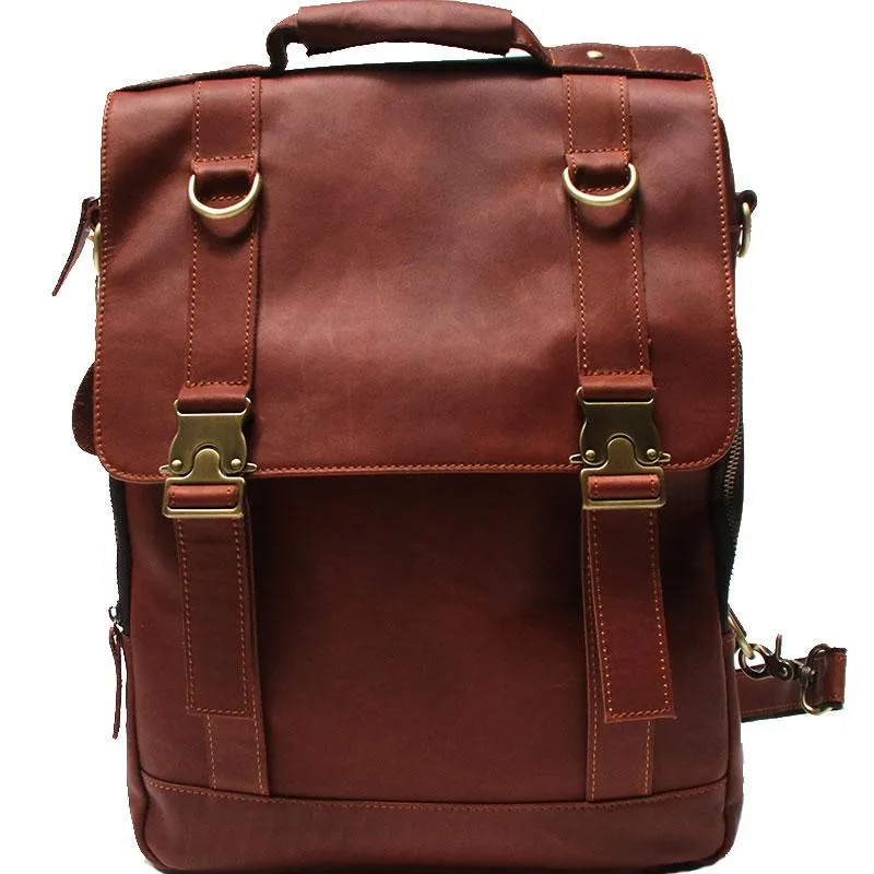 Red Brown Leather Mens Backpack Travel Backpacks Laptop Backpack for men
