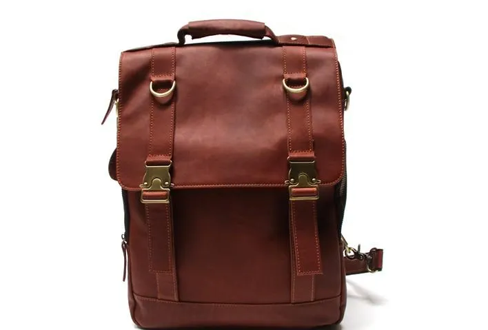 Red Brown Leather Mens Backpack Travel Backpacks Laptop Backpack for men