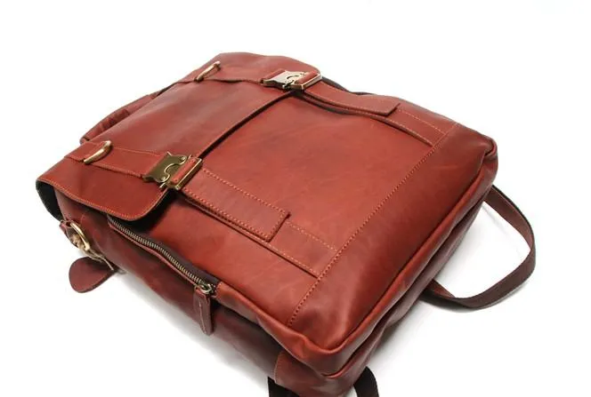 Red Brown Leather Mens Backpack Travel Backpacks Laptop Backpack for men