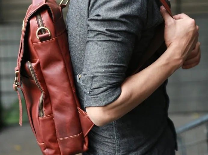 Red Brown Leather Mens Backpack Travel Backpacks Laptop Backpack for men