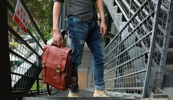 Red Brown Leather Mens Backpack Travel Backpacks Laptop Backpack for men