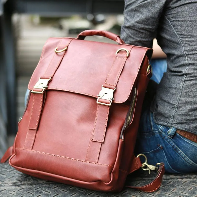 Red Brown Leather Mens Backpack Travel Backpacks Laptop Backpack for men