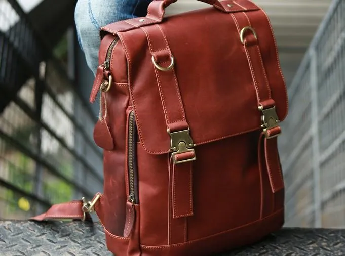 Red Brown Leather Mens Backpack Travel Backpacks Laptop Backpack for men