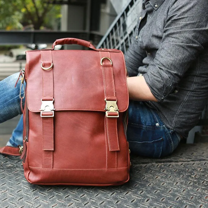 Red Brown Leather Mens Backpack Travel Backpacks Laptop Backpack for men