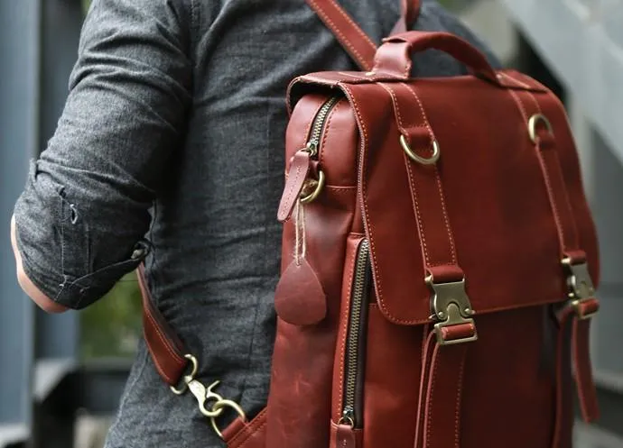 Red Brown Leather Mens Backpack Travel Backpacks Laptop Backpack for men