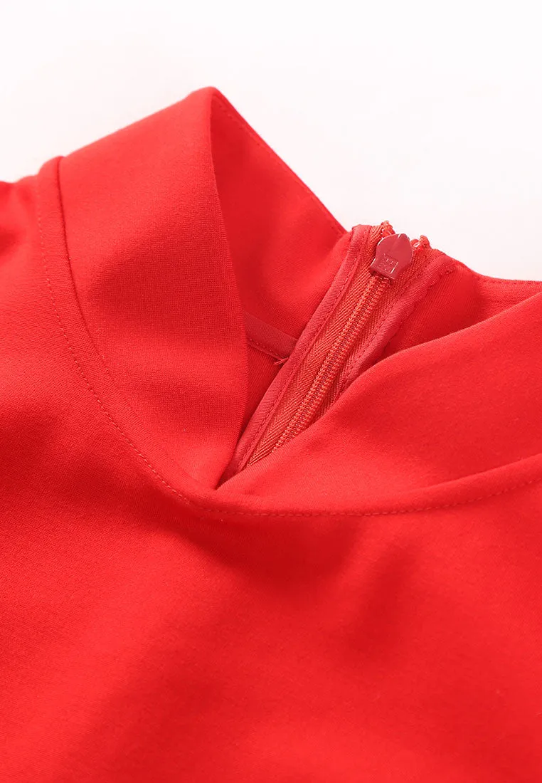 Red Mandarin Collar Cap Sleeve Top