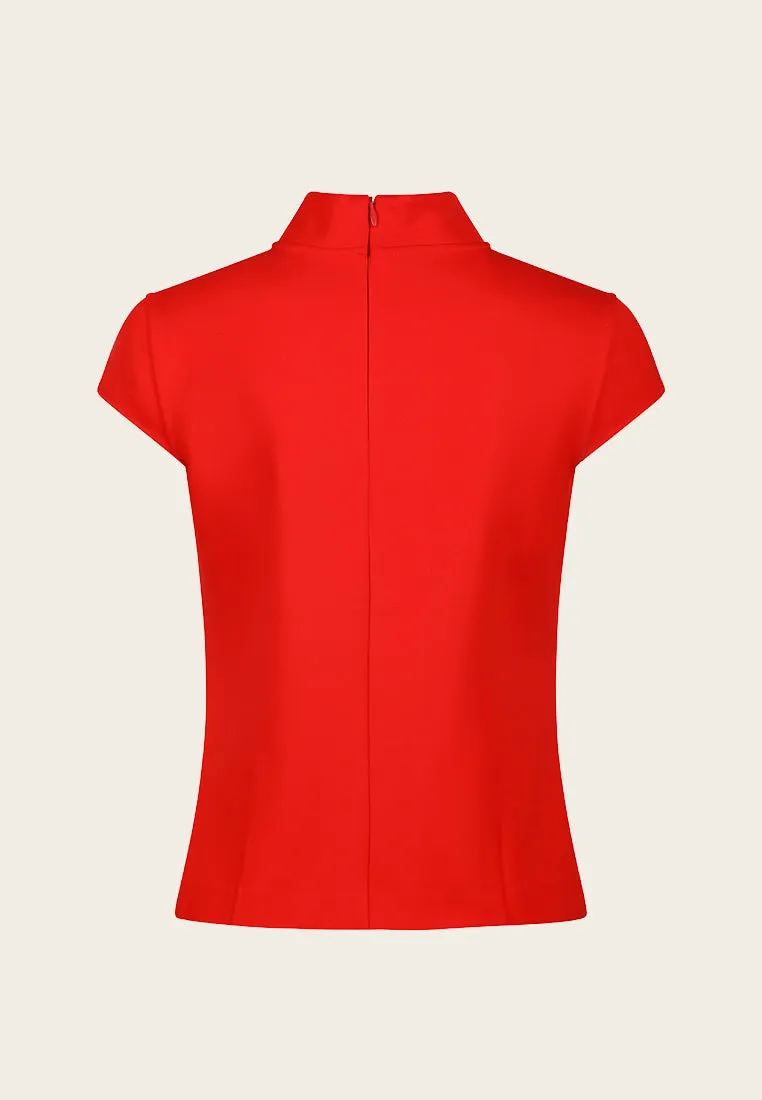 Red Mandarin Collar Cap Sleeve Top