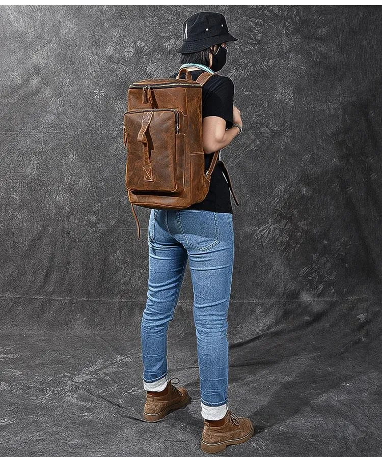 Retro Brown Leather Men 14" Barrel Laptop Backpack Hiking Backpack Travel Backpack Large Backpack for Men