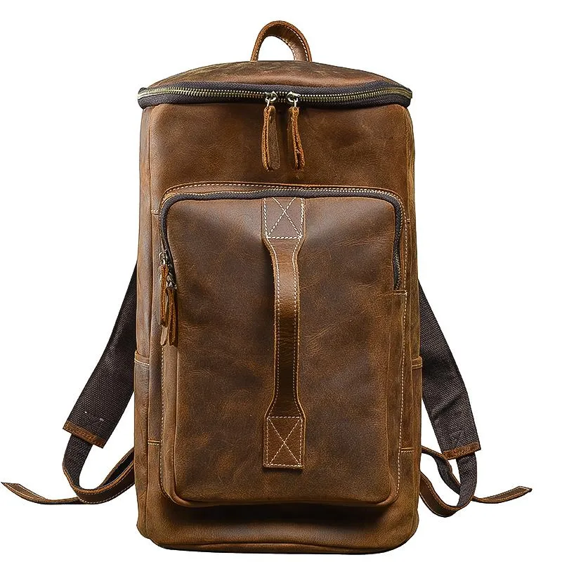 Retro Brown Leather Men 14" Barrel Laptop Backpack Hiking Backpack Travel Backpack Large Backpack for Men