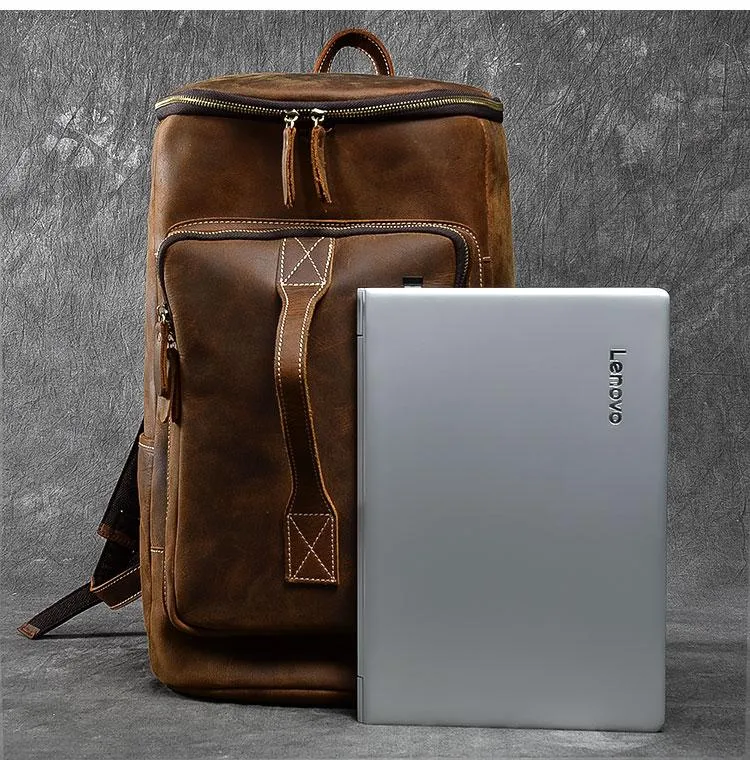 Retro Brown Leather Men 14" Barrel Laptop Backpack Hiking Backpack Travel Backpack Large Backpack for Men