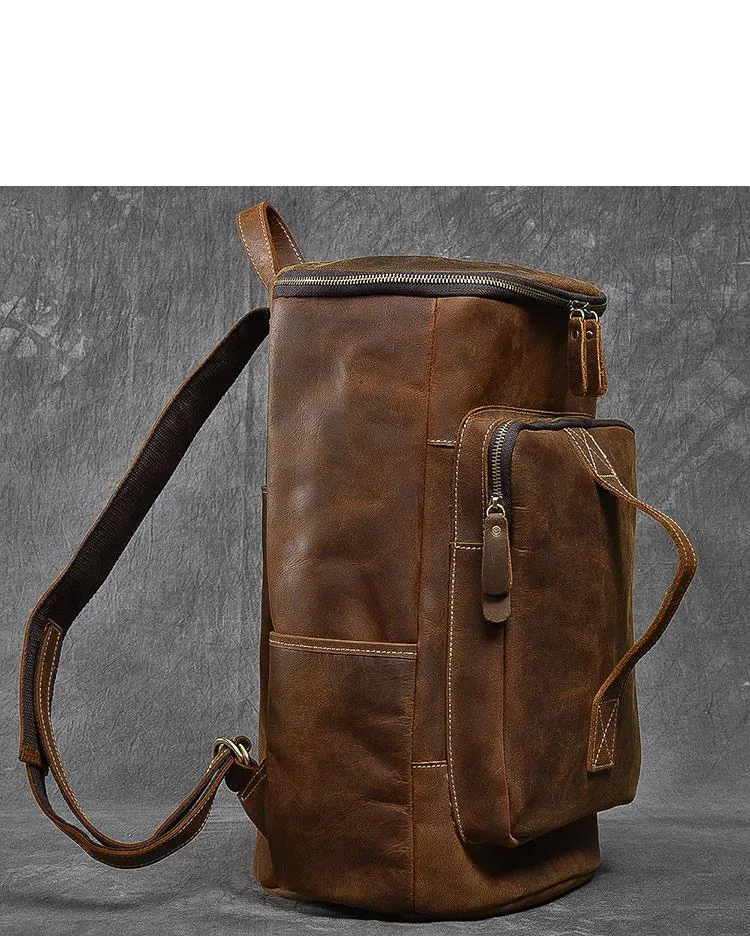 Retro Brown Leather Men 14" Barrel Laptop Backpack Hiking Backpack Travel Backpack Large Backpack for Men