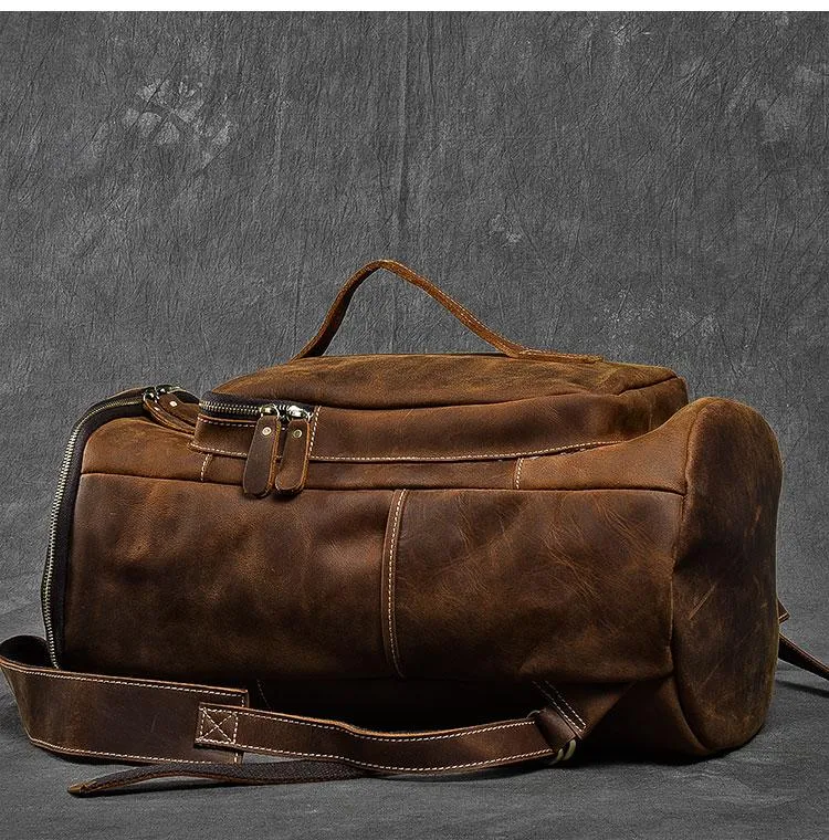Retro Brown Leather Men 14" Barrel Laptop Backpack Hiking Backpack Travel Backpack Large Backpack for Men