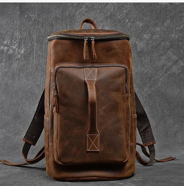 Retro Brown Leather Men 14" Barrel Laptop Backpack Hiking Backpack Travel Backpack Large Backpack for Men