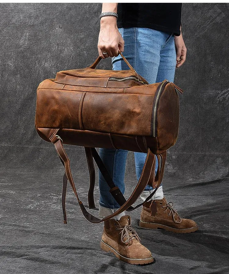Retro Brown Leather Men 14" Barrel Laptop Backpack Hiking Backpack Travel Backpack Large Backpack for Men