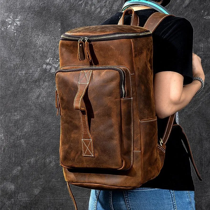 Retro Brown Leather Men 14" Barrel Laptop Backpack Hiking Backpack Travel Backpack Large Backpack for Men